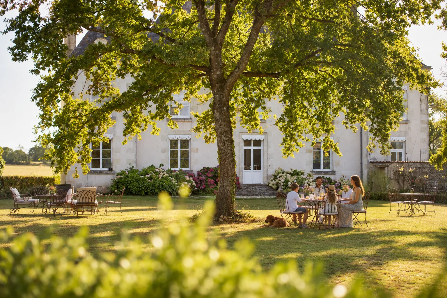 Manoir du Domaine de la Briouse à Sanxay avec son grand chêne et son jardin